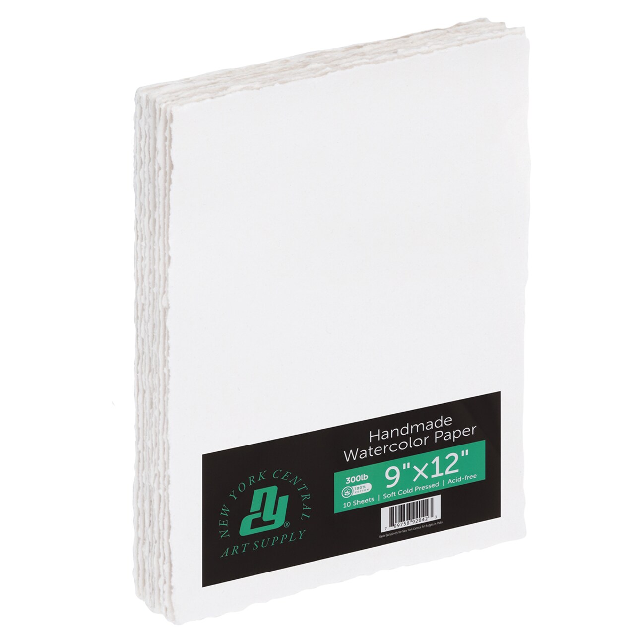 New York Central Handmade Watercolor Paper - 300lb, 9"X12" - 1 Pack of 5 Sheets, Acid-Free 100% Cotton Rag, Cold Press, 4 Deckled Edges, Minimally Sized, Mixed Media Paper for Charcoal & Pastels